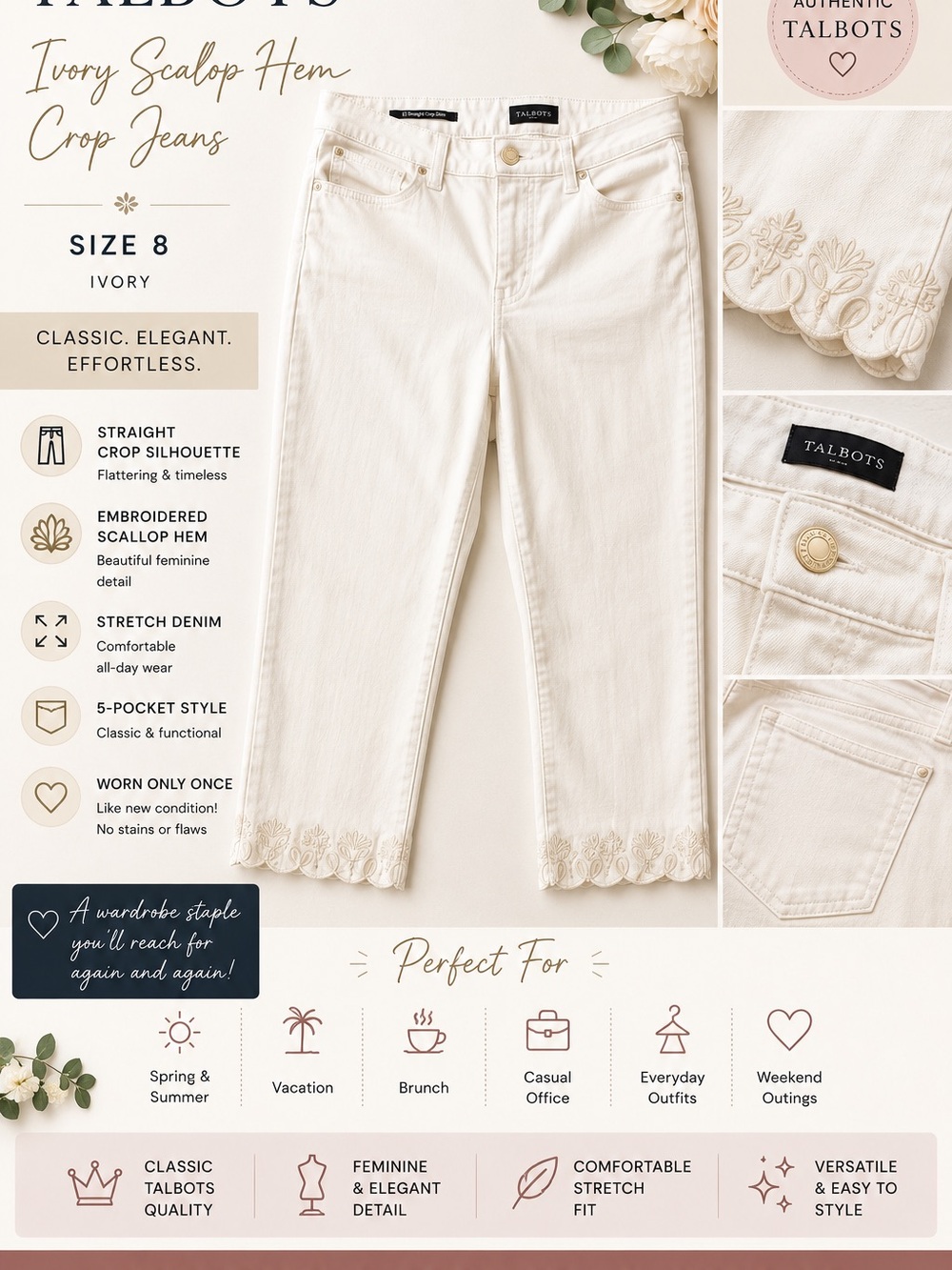Talbots Ivory Embroidered Scallop Hem Crop Jeans